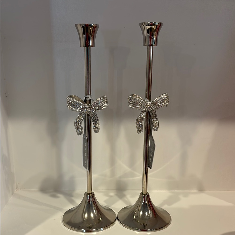 Silver Candle Holders with Bow Accents